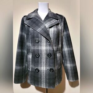 Old Navy Womens Size Large Jacket Black Plaid Wool Blend Double Breasted